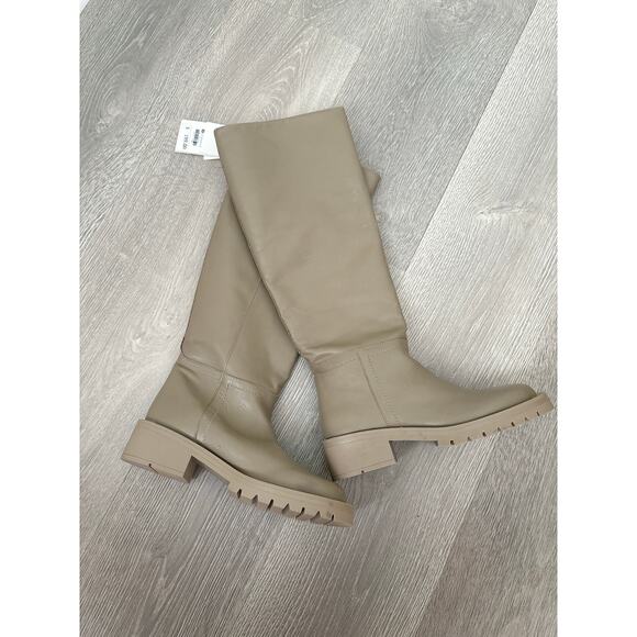 NWT Zara Leather Flat Knee High Boots Size 5 Taupe Sand Minimalist Blogger Fave - Picture 2 of 10